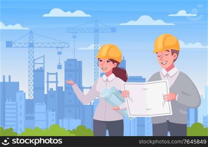 Architect cartoon style composition with cityscape tall buildings and human characters in hard hats with project vector illustration