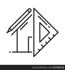 Architect development and interior design icon, architecture plan of house, vector project in line sketch for blueprint. Apartments architect development and home building construction outline icon. Architect development and interior design icon
