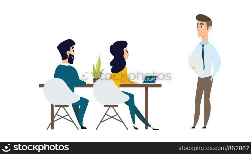Architect discusses the project with the customer. Vector illustration of working cartoon characters in coworking studio on white background. The concept of construction, architecture, design