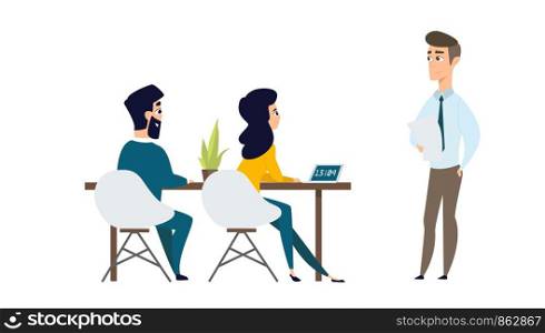 Architect discusses the project with the customer. Vector illustration of working cartoon characters in coworking studio on white background. The concept of construction, architecture, design