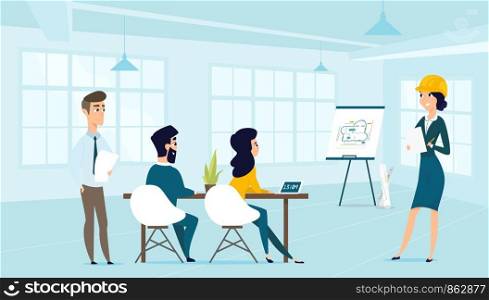 Architect discusses the project with the customer. Vector illustration of working cartoon characters in coworking studio. The concept of construction, architecture, design