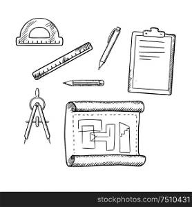 Architect drawing, compasses, pencil, pen, ruler, half circle protractor and clipboard sketch icons