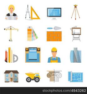Architect Flat Colored Icons Collection. Architect flat colored icons collection with tools for measurement and drafting brick wall crane facade decor elements isolated vector illustration