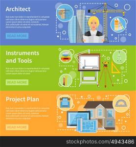 Architect Flat Horizontal Banners. Architect flat horizontal banners set of instrument and tools icons and advertising of house planning vector illustration