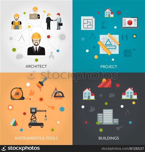 Architect flat set. Architect design concept set with house project and building tools flat icons isolated vector illustration