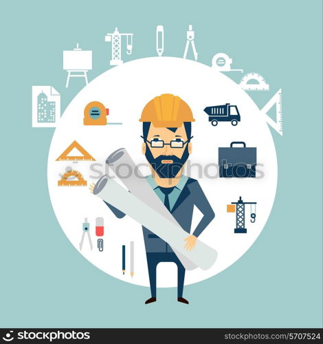 Architect holding blueprints illustration . Flat modern style vector design