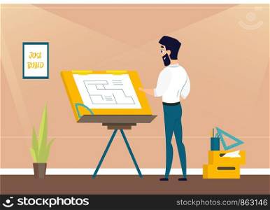 Architect is working on the project the premises. Vector illustration of working cartoon characters in coworking studio. The concept of construction, architecture, design, workplace