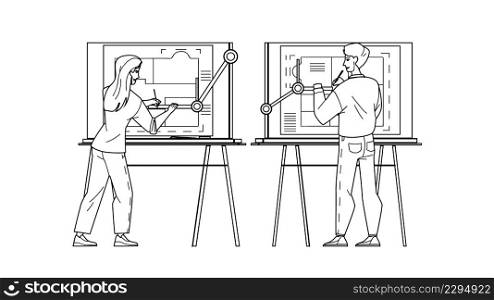 Architect Man And Woman Drawing On Board Black Line Pencil Drawing Vector. Architect Workers Draw Apartment Or House Construction Plan. Characters Developing Building On Paper List Illustration. Architect Man And Woman Drawing On Board Vector