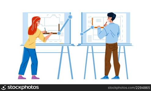 Architect Man And Woman Drawing On Board Vector. Architect Workers Draw Apartment Or House Construction Plan. Characters Developing Building On Paper List Flat Cartoon Illustration. Architect Man And Woman Drawing On Board Vector
