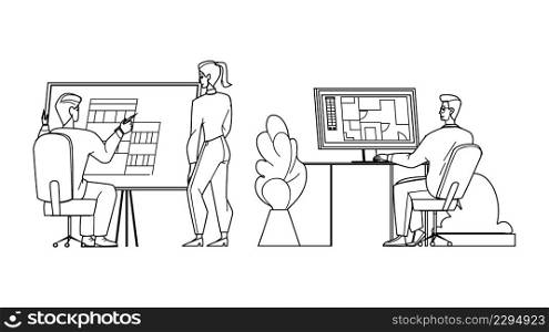 Architect Man And Woman Work At Workspace Black Line Pencil Drawing Vector. Architect Workers Drawing Construction On Paper List And On Computer Screen. Characters At Office Workplace Illustration. Architect Man And Woman Work At Workspace Vector
