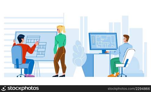 Architect Man And Woman Work At Workspace Vector. Architect Workers Drawing Construction On Paper List And On Computer Screen. Characters At Office Workplace Flat Cartoon Illustration. Architect Man And Woman Work At Workspace Vector