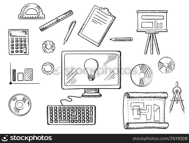Architect or education icons with sketched desktop computer surrounded by icons of board, blueprint, graphs, calculator and a light bulb on the screen. Architect or education sketched icons