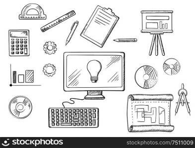 Architect or education icons with sketched desktop computer surrounded by icons of board, blueprint, graphs, calculator and a light bulb on the screen. Architect or education sketched icons