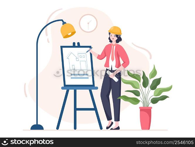 Architect or Engineer Cartoon Illustration using a Multipurpose Board Table to Sketch Building Constructions and Project Miniatures Concept