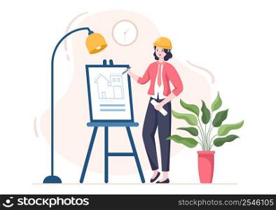 Architect or Engineer Cartoon Illustration using a Multipurpose Board Table to Sketch Building Constructions and Project Miniatures Concept