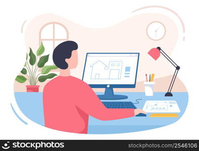 Architect or Engineer Cartoon Illustration using a Multipurpose Board Table to Sketch Building Constructions and Project Miniatures Concept