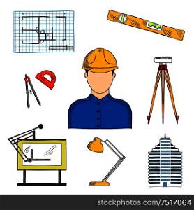 Architect or engineer in hard hat icon for construction industry design usage with colored sketches of blueprint of building project, multi storey building, automatic level, compasses, level ruler, drawing table, lamp and protractor. Architect or engineer with construction symbols
