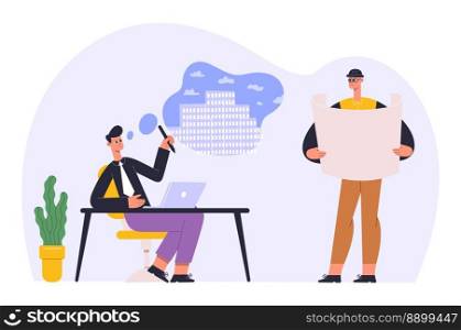 Architect people occupation. Man sitting at desktop with laptop and designing block of flats. Colleague character holding draft of house on paper. Construction engineer employees vector. Architect people occupation. Man sitting at desktop with laptop and designing block of flats. Colleague character