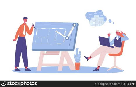 Architect people team occupation drawing project blueprint. Vector of project professional architect, construction of architecture illustration. Architect people team occupation drawing project blueprint