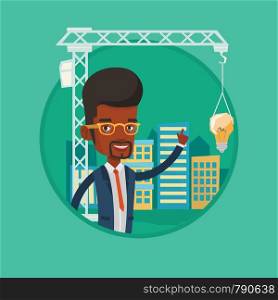 Architect pointing at idea bulb hanging on crane. Architect having idea in town planning. Concept of new ideas in architecture. Vector flat design illustration in the circle isolated on background.. Architect having idea in town planning.