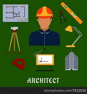 Architect profession flat icons showing man in helmet with drawing table, blueprint, compasses, protractor, lamp, ruler, building and automatic level on tripod. Architect profession with flat icons