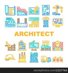 Architect Professional Occupation Icons Set Vector. Architect Pencil For Create Plan Blueprint And Computer Software, Documentation And Helmet, Truck And Crane For Building Color Illustrations. Architect Professional Occupation Icons Set Vector