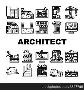 Architect Professional Occupation Icons Set Vector. Architect Pencil For Create Plan Blueprint And Computer Software, Documentation And Helmet, Truck And Crane For Building Black Contour Illustrations. Architect Professional Occupation Icons Set Vector