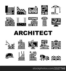 Architect Professional Occupation Icons Set Vector. Architect Pencil For Create Plan Blueprint And Computer Software, Documentation Helmet, Truck Crane For Building Glyph Pictograms Black Illustration. Architect Professional Occupation Icons Set Vector