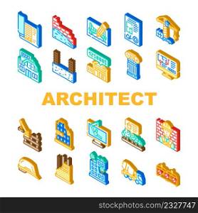 Architect Professional Occupation Icons Set Vector. Architect Pencil For Create Plan Blueprint Computer Software, Documentation And Helmet, Truck Crane For Building Isometric Sign Color Illustrations. Architect Professional Occupation Icons Set Vector
