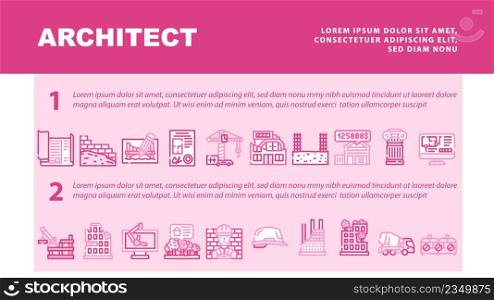 Architect Professional Occupation Landing Web Page Header Banner Template Vector. Architect Pencil For Create Plan Blueprint And Computer Software, Documentation And Helmet, Truck Crane Illustration. Architect Professional Occupation Landing Header Vector