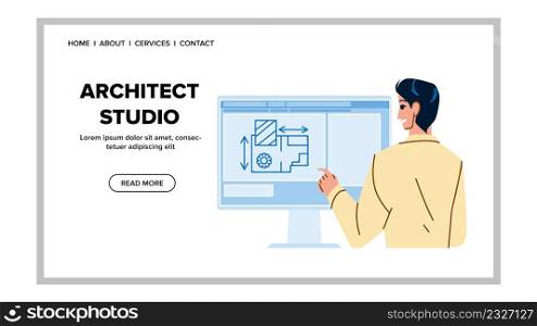 Architect Studio Worker Develop Exterior Vector. Designer Working At Computer With Software In Architect Studio Office. Character Architectural Company Employee Web Flat Cartoon Illustration. Architect Studio Worker Develop Exterior Vector