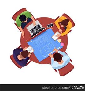 Architect team plan semi flat RGB color vector illustration. Worker meeting at work table. Teamwork on project blueprint. Builder isolated cartoon characters top view on white background. Architect team plan semi flat RGB color vector illustration