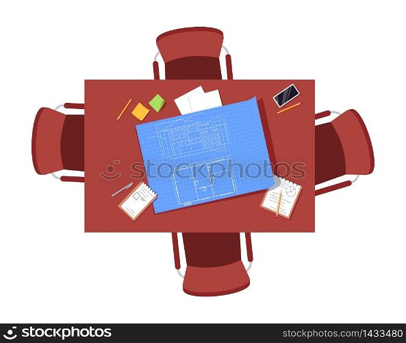 Architect team table semi flat RGB color vector illustration. Blueprint plan of building on table. Chairs around circle desk. Office deks isolated cartoon object top view on white background. Architect team table semi flat RGB color vector illustration
