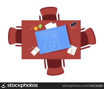 Architect team table semi flat RGB color vector illustration. Blueprint plan of building on table. Chairs around circle desk. Office deks isolated cartoon object top view on white background. Architect team table semi flat RGB color vector illustration