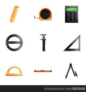 Architect tools icon set. Cartoon set of 9 architect tools vector icons for web design isolated on white background. Architect tools icon set, cartoon style