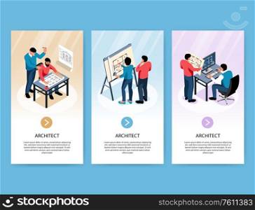 Architect vertical banners with designers developing construction projects at their workplace isometric vector illustration