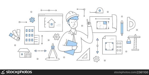 Architect worker holding blueprint, engineering and architecture job occupation doodle concept. Professional engineer wear helmet with work tools compass, pencil, crane, Line art vector illustration. Architect worker holding blueprint, engineering