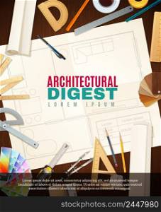 Architect workplace with different tools for architectural construction drawing projects flat vector illustration. Construction Architect Tools Illustration