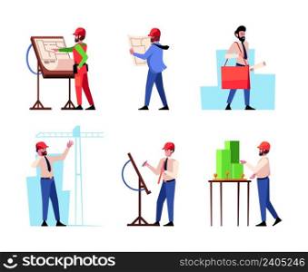 Architects and builders. Construction outdoor processes professional workers engineers and industry architectors holding plans garish vector flat people. Illustration of architect construction. Architects and builders. Construction outdoor processes professional workers engineers and industry architectors holding plans garish vector flat people