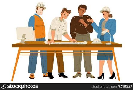 Architects and builders learn house plan around table. Construction workers, engineers or foreman architecture employees in helmets discuss blueprint lying on desk, Line art flat vector illustration. Architects and builders learn house plan on desk