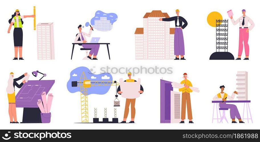 Architects, engineers, builders and construction workers characters. Professional builder, architect, engineer vector illustration. Architectural project workers. Teamwork development architectural. Architects, engineers, builders and construction workers characters. Professional builder, architect, worker engineer vector illustration set. Architectural project workers
