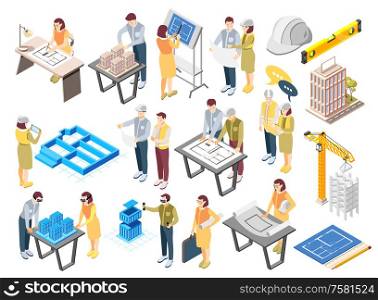 Architects engineers isometric icons set with office planning sketching drawing work construction site supervision recolor vector illustration
