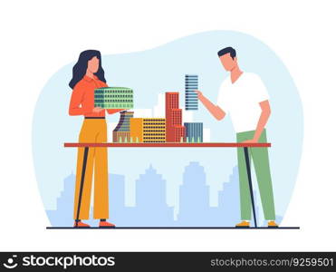 Architects man and woman build model of residential area with skyscrapers. Professional conduction workers teamwork, engineer and designer cartoon flat style isolated illustration. Vector concept. Architects man and woman build model of residential area with skyscrapers. Professional conduction workers teamwork, engineer and designer cartoon flat style isolated vector concept