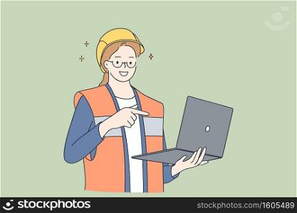 Architects using wireless technology concept. Young smiling beautiful woman cartoon character wearing protective helmet and uniform holding laptop and pointing with hand and finger. Architects using wireless technology concept