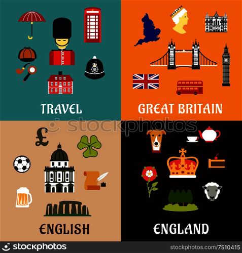 Architectural and historical landmarks, culture and national symbols of Great Britain. Travel design flat icons