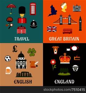 Architectural and historical landmarks, culture and national symbols of Great Britain. Travel design flat icons