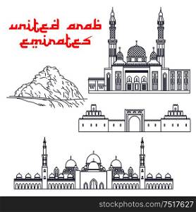 Architectural and nature tourist attractions of United Arab Emirates symbols with Grand Mosque in Dubai, Sheikh Zayed Palace Museum, Jumeirah Mosque and scenic Hafeet Mountain landscape. Thin line style . Famous tourist attractions of UAE thin line icons