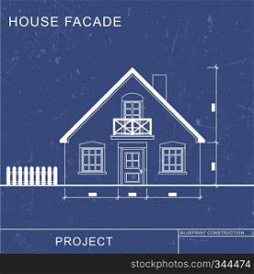 Architectural blueprint. Facade drawinf on blue background. Architectural background