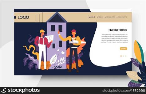 Architectural design or project engineering web page template engineers vector builders in hardhat and overalls building and construction work contractors team multi-storey house real estate. Engineering architectural project web page template engineers