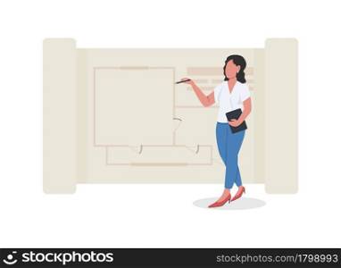 Architectural designer flat concept vector illustration. Female employee representing technical drawings isolated 2D cartoon character on white for web design. Plan for building work creative idea. Architectural designer flat concept vector illustration